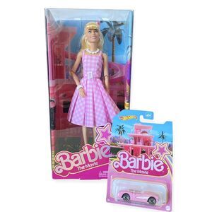 BARBIE Doll Barbie The Movie Pink Gingham Dress & HOT WHEELS Corvette Gift Set